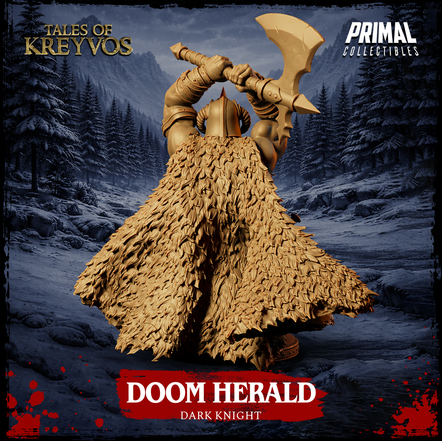 Rear view of the Doom Herald Dark Knight display bust — digital render in tan resin highlighting the extraordinary layered feathered or scaled texture of the cloak, which fans out in a wide dramatic sweep. The warrior's greataxe is raised high above the pointed helmet, visible from behind. From Tales of Kreyvos by Primal Collectibles.