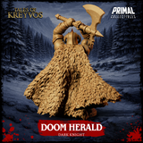 Rear view of the Doom Herald Dark Knight display bust — digital render in tan resin highlighting the extraordinary layered feathered or scaled texture of the cloak, which fans out in a wide dramatic sweep. The warrior's greataxe is raised high above the pointed helmet, visible from behind. From Tales of Kreyvos by Primal Collectibles.