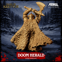 Rear view of the Doom Herald Dark Knight display bust — digital render in tan resin highlighting the extraordinary layered feathered or scaled texture of the cloak, which fans out in a wide dramatic sweep. The warrior's greataxe is raised high above the pointed helmet, visible from behind. From Tales of Kreyvos by Primal Collectibles.