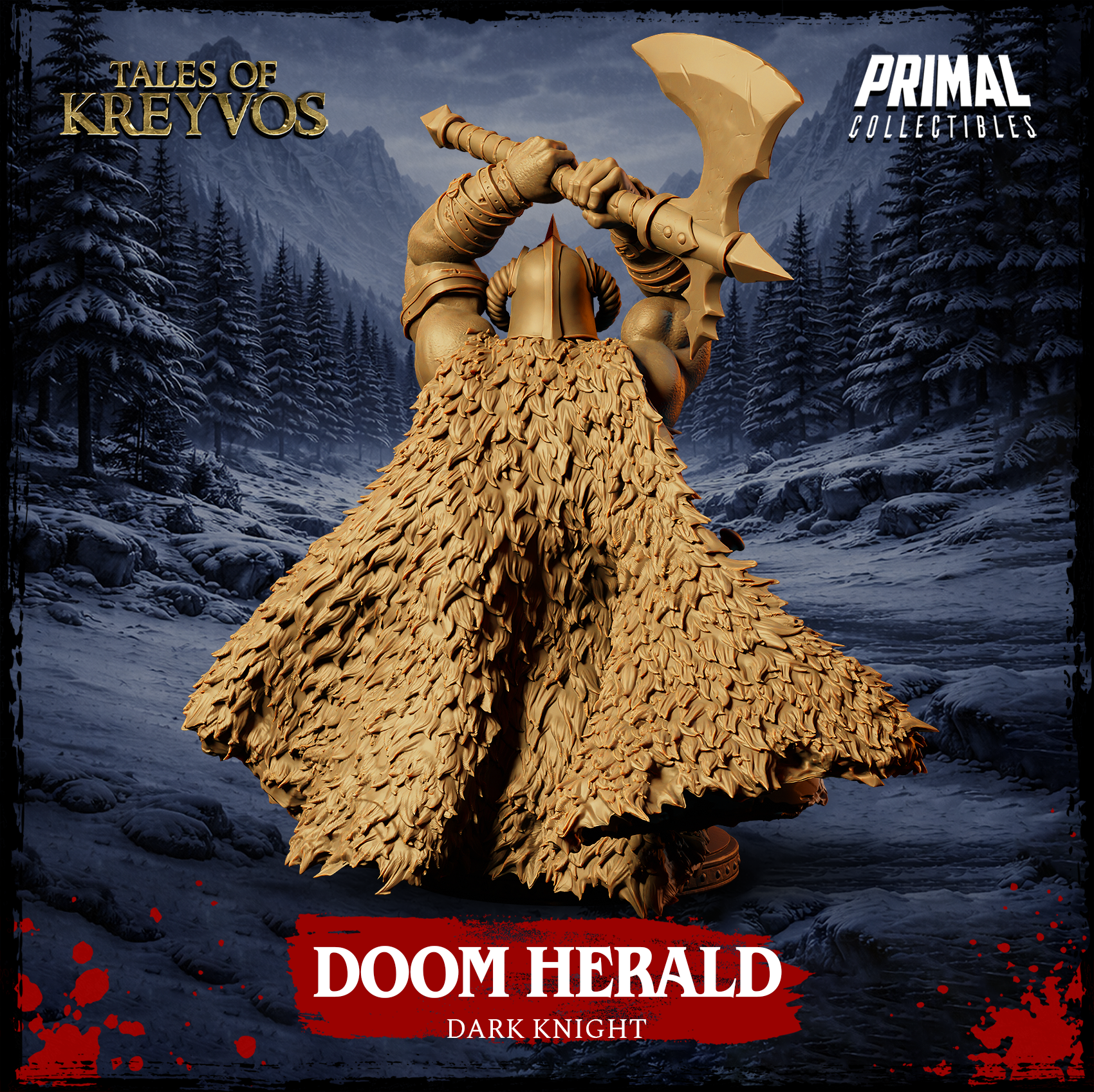Rear view of the Doom Herald Dark Knight display bust — digital render in tan resin highlighting the extraordinary layered feathered or scaled texture of the cloak, which fans out in a wide dramatic sweep. The warrior's greataxe is raised high above the pointed helmet, visible from behind. From Tales of Kreyvos by Primal Collectibles.