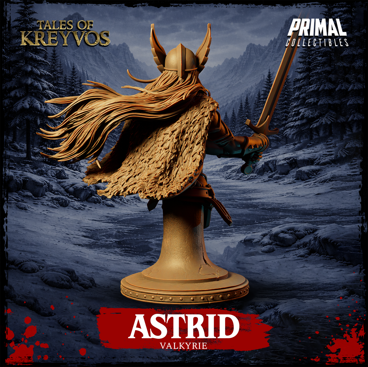 Rear three-quarter view of Astrid Valkyrie display bust — unpainted gold resin render highlighting the dramatically billowing feathered cloak and long flowing hair streaming behind her, sword visible to the right side. Snowy mountain backdrop.