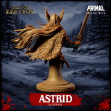 Rear three-quarter view of Astrid Valkyrie display bust — unpainted gold resin render highlighting the dramatically billowing feathered cloak and long flowing hair streaming behind her, sword visible to the right side. Snowy mountain backdrop.