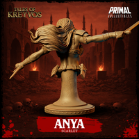 Female barbarian bust from behind, showing dramatically windswept hair cascading down her back, scale armour across both shoulders, and arms extended outward holding a spear and short blade. Sculpt by Primal Collectibles.