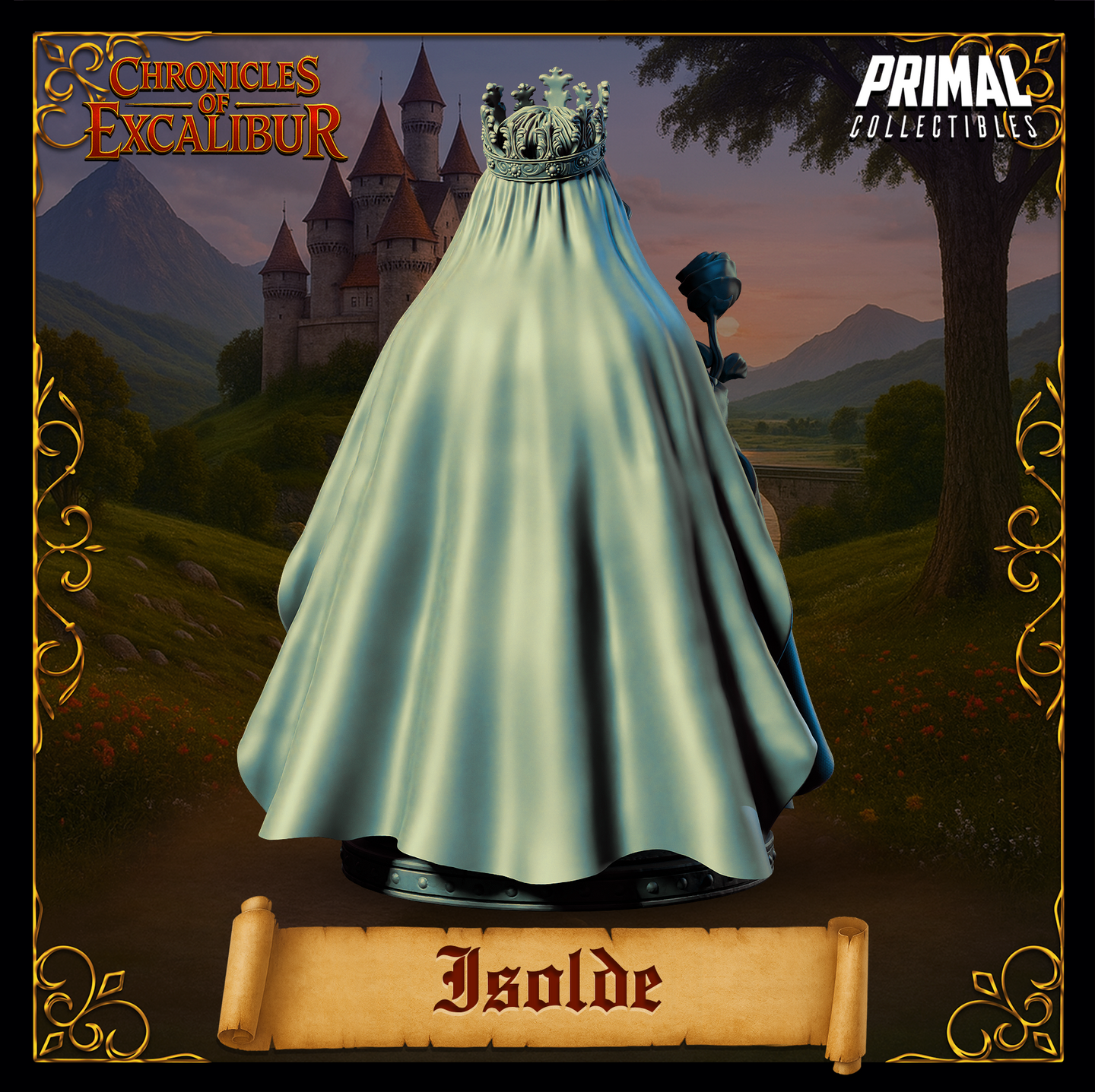 Rear view digital render of the Isolde bust miniature showing the broad sweeping folds of her full-length cape and the ornate crown visible from behind, with the rose stem just visible to the right side