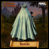 Rear view digital render of the Isolde bust miniature showing the broad sweeping folds of her full-length cape and the ornate crown visible from behind, with the rose stem just visible to the right side