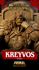 High-angle front view of Kreyvos looking up at the viewer, throne armrests with snarling lion heads prominent in the foreground, spear tip catching the light above his shoulder. Sculpt by Primal Collectibles.