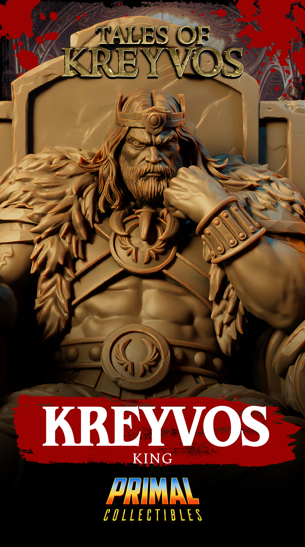 High-angle front view of Kreyvos looking up at the viewer, throne armrests with snarling lion heads prominent in the foreground, spear tip catching the light above his shoulder. Sculpt by Primal Collectibles.