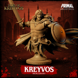 Kreyvos mercenary bust by Primal Collectibles — broad-shouldered barbarian in chainmail, mouth open in a battle cry, raising a straight sword and pushing forward a battered round shield, with a ragged torn cloak billowing behind. Skull belt buckle visible at the waist.