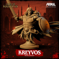Kreyvos mercenary bust by Primal Collectibles — broad-shouldered barbarian in chainmail, mouth open in a battle cry, raising a straight sword and pushing forward a battered round shield, with a ragged torn cloak billowing behind. Skull belt buckle visible at the waist.