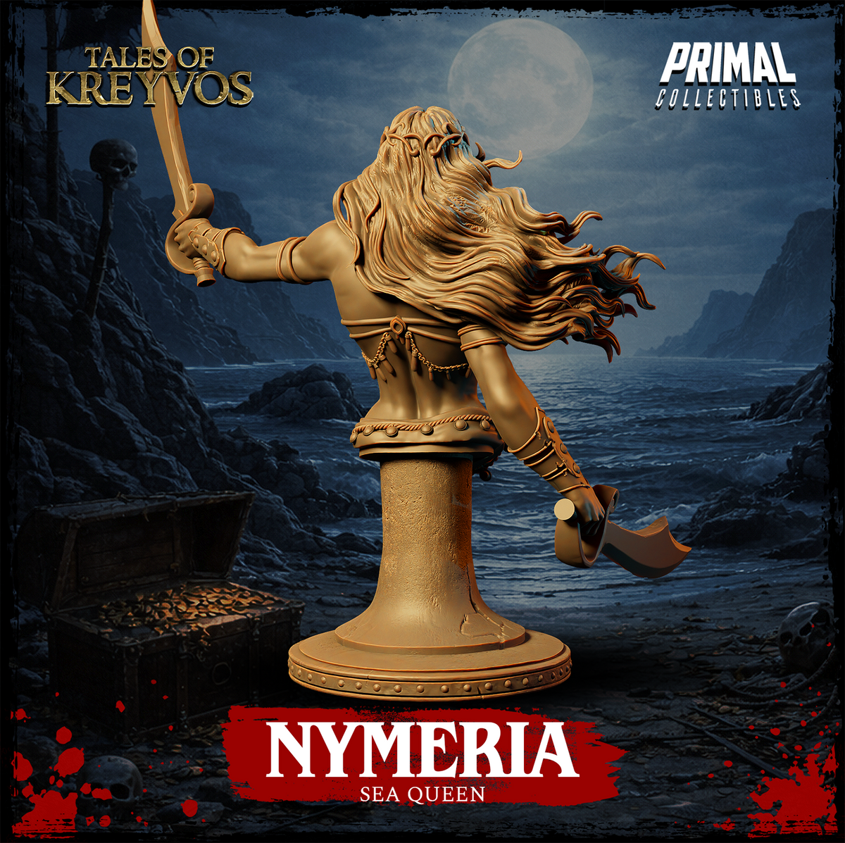 Nymeria Sea Queen bust by Primal Collectibles seen from behind, showing the full sweep of her long flowing hair, braided crown detail, armoured bracers on both arms, and the raised scimitar extended overhead.