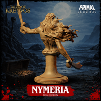 Nymeria Sea Queen bust by Primal Collectibles seen from behind, showing the full sweep of her long flowing hair, braided crown detail, armoured bracers on both arms, and the raised scimitar extended overhead.