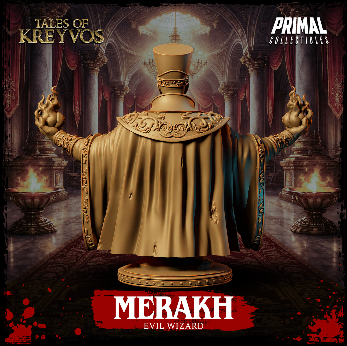 Merakh Evil Wizard bust by Primal Collectibles seen from behind, showing draped robes with flowing folds, ornate scroll-carved collar across the shoulders, flame effects visible at each raised hand.