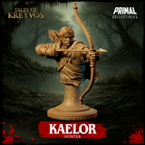 Three-quarter front digital render of the Kaelor Hunter display bust — slightly lower angle showing the longbow drawn taut, the arrow tip extending forward, the leather bracers and wrap-bound bow grip in detail, and the heavily textured travel cloak. Unpainted tan resin. Tales of Kreyvos by Primal Collectibles.