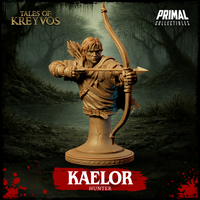 Three-quarter front digital render of the Kaelor Hunter display bust — slightly lower angle showing the longbow drawn taut, the arrow tip extending forward, the leather bracers and wrap-bound bow grip in detail, and the heavily textured travel cloak. Unpainted tan resin. Tales of Kreyvos by Primal Collectibles.