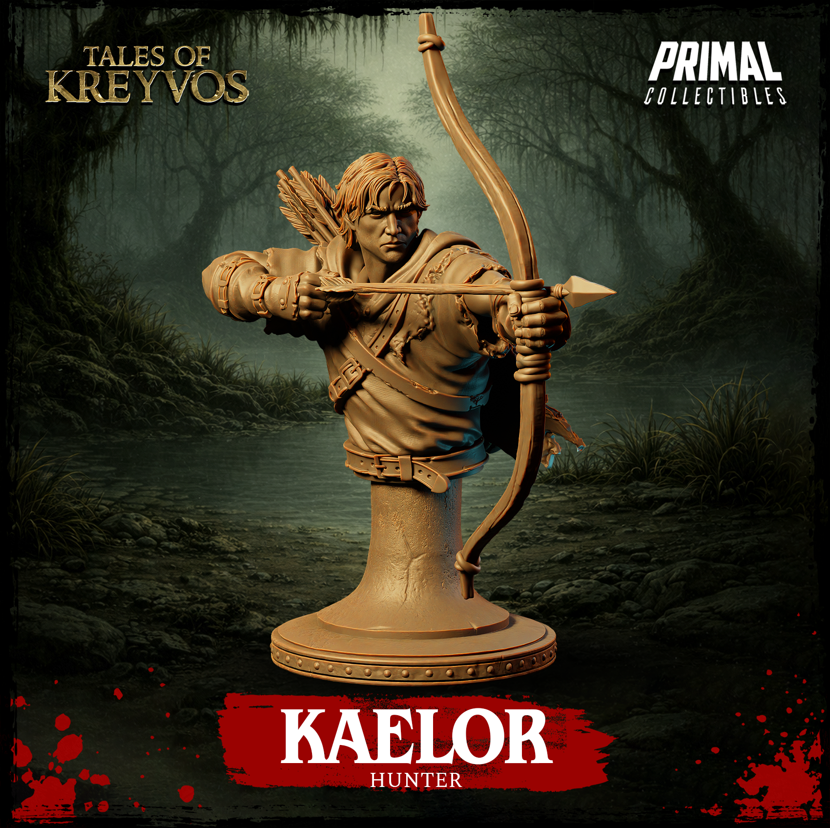 Three-quarter front digital render of the Kaelor Hunter display bust — slightly lower angle showing the longbow drawn taut, the arrow tip extending forward, the leather bracers and wrap-bound bow grip in detail, and the heavily textured travel cloak. Unpainted tan resin. Tales of Kreyvos by Primal Collectibles.