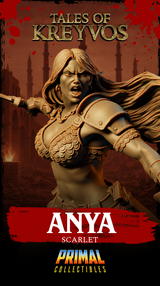 Close render of a ferocious female barbarian bust showing bared teeth, furrowed brow, layered scale chest armour, rope-bound pauldrons, and a skull-medallion belt buckle. Hair flows back across the shoulders. Sculpt by Primal Collectibles.