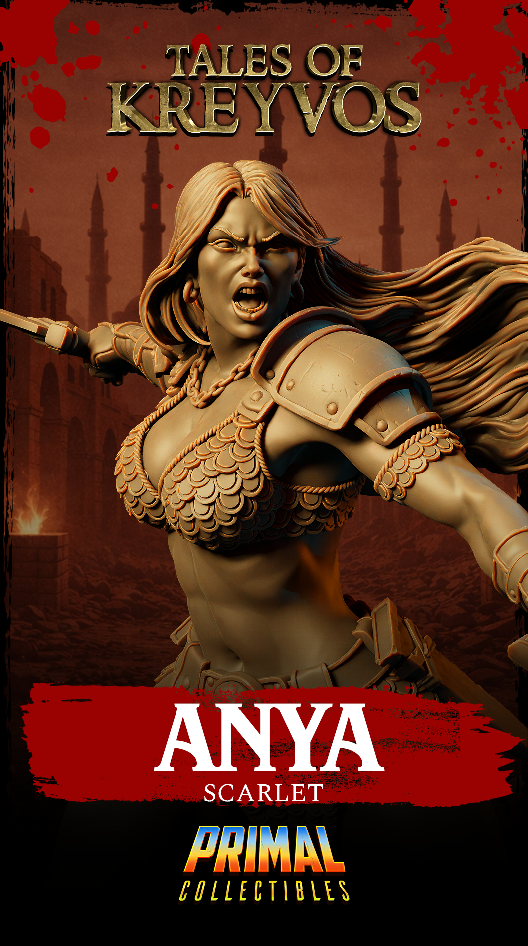 Close render of a ferocious female barbarian bust showing bared teeth, furrowed brow, layered scale chest armour, rope-bound pauldrons, and a skull-medallion belt buckle. Hair flows back across the shoulders. Sculpt by Primal Collectibles.