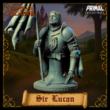 Front view of Sir Lucan knight bust miniature — unpainted grey resin digital render showing plate armour with heraldic tower crest breastplate, battle standard in left hand, bearded weathered face, and campaign cloak, on a round studded base