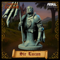 Front view of Sir Lucan knight bust miniature — unpainted grey resin digital render showing plate armour with heraldic tower crest breastplate, battle standard in left hand, bearded weathered face, and campaign cloak, on a round studded base