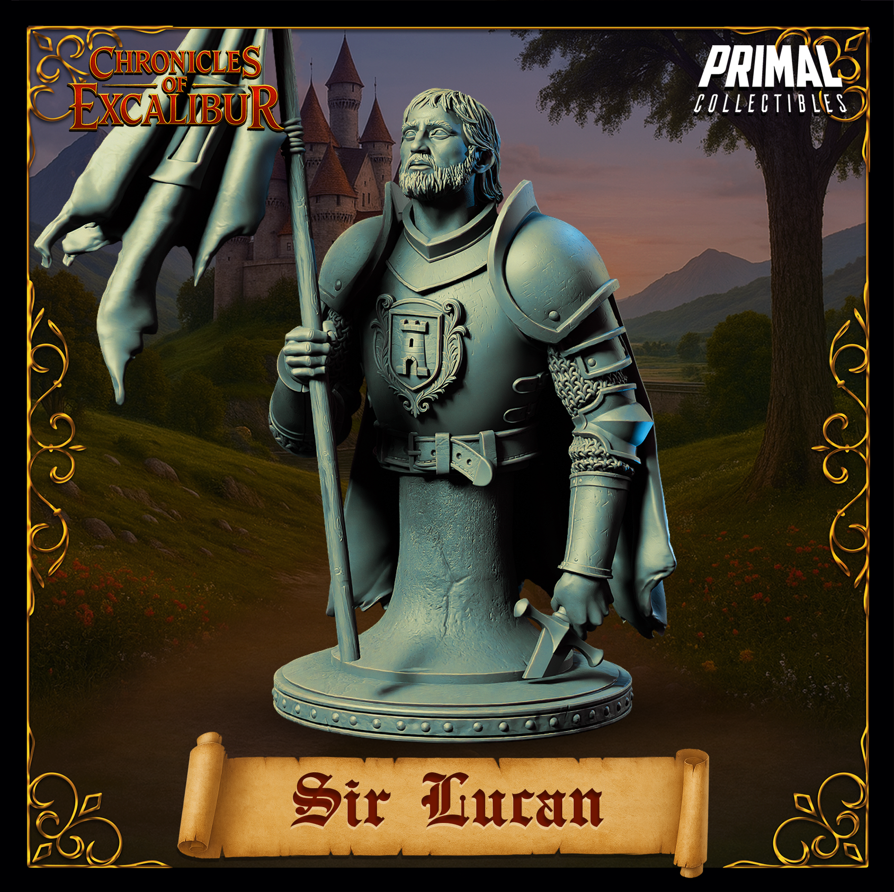 Front view of Sir Lucan knight bust miniature — unpainted grey resin digital render showing plate armour with heraldic tower crest breastplate, battle standard in left hand, bearded weathered face, and campaign cloak, on a round studded base