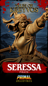 Close-up render of the Seressa pirate bust by Primal Collectibles, showing the fierce open-mouthed expression in high detail, furrowed brow, wind-blown hair and headscarf, right arm thrusting forward with a short sword towards the viewer.