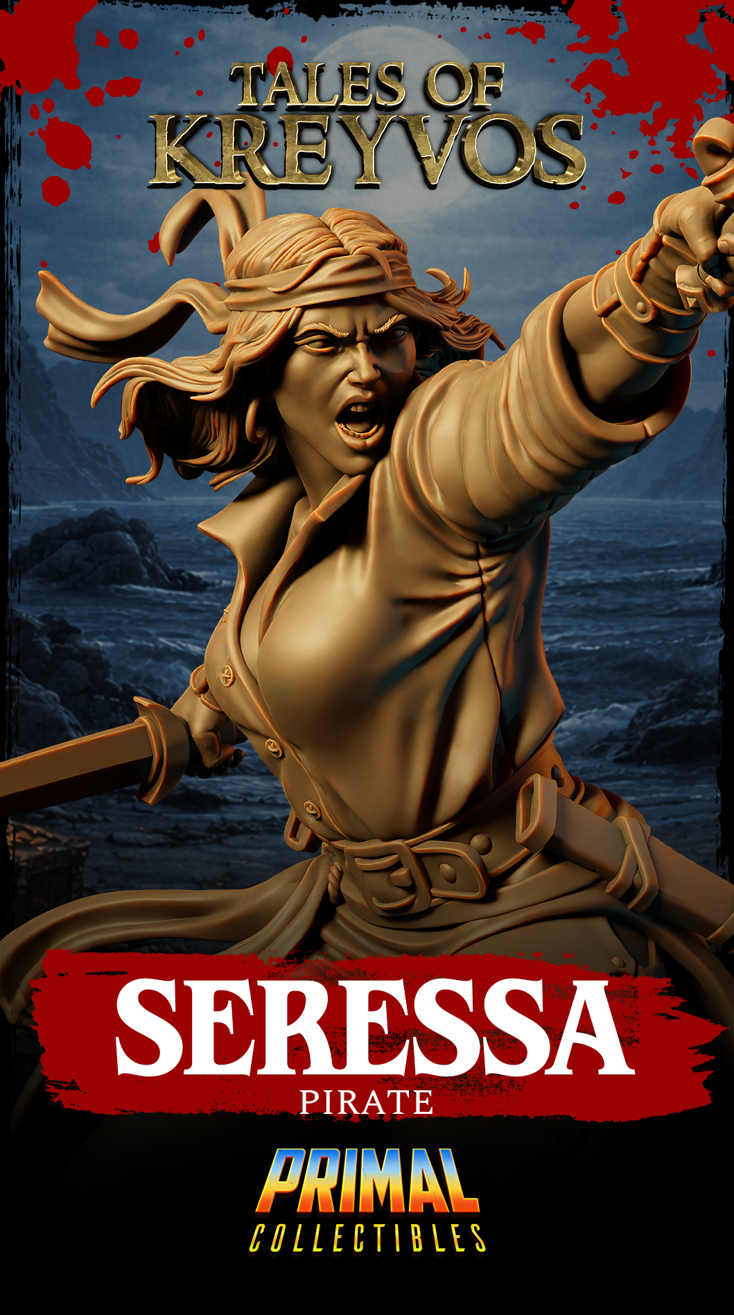 Close-up render of the Seressa pirate bust by Primal Collectibles, showing the fierce open-mouthed expression in high detail, furrowed brow, wind-blown hair and headscarf, right arm thrusting forward with a short sword towards the viewer.