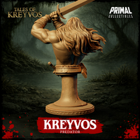 Rear view of the Kreyvos Predator display bust — unprinted resin showing the back detail of the sculpt including layered flowing hair rendered strand by strand, the riveted leather belt panel, the pommel of the hip blade, bare muscular back, and the textured column base with studded plinth