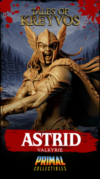 Close-up portrait render of Astrid Valkyrie — unpainted gold resin showing extreme facial detail: snarling battle cry, bared teeth, furrowed brow, winged helm with horns and swept wing detailing, fur-trimmed pauldrons, and angular chest armour.