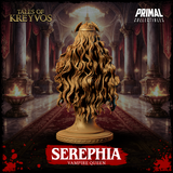 Serephia Vampire Queen bust by Primal Collectibles — rear view showcasing cascading wavy hair with rich strand-by-strand texture, and the horned crown-helm rising above the hairline.