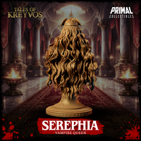Serephia Vampire Queen bust by Primal Collectibles — rear view showcasing cascading wavy hair with rich strand-by-strand texture, and the horned crown-helm rising above the hairline.