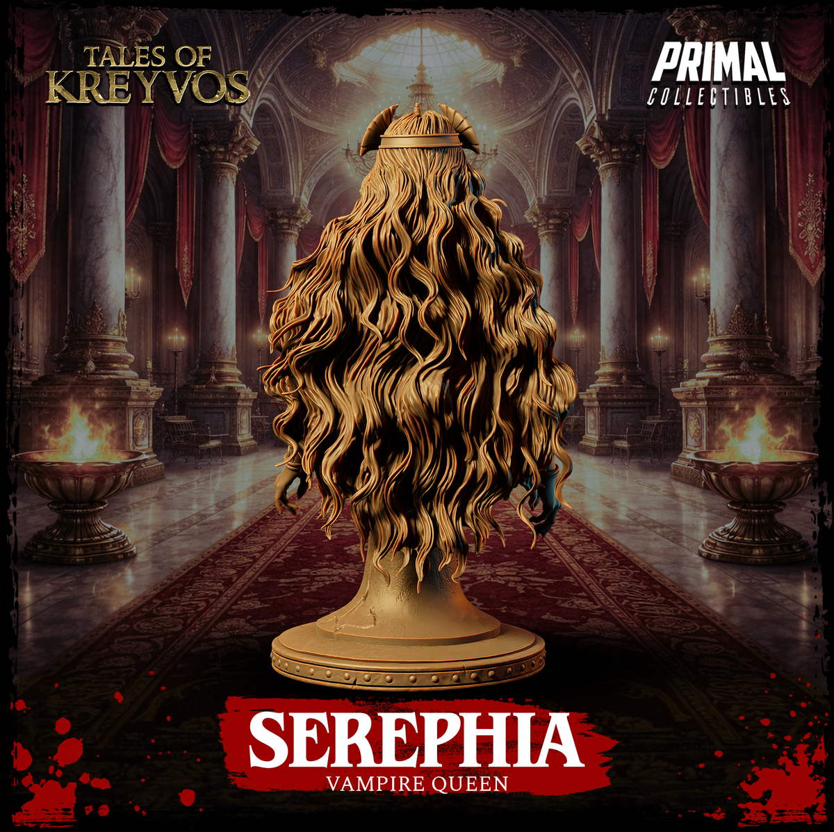 Serephia Vampire Queen bust by Primal Collectibles — rear view showcasing cascading wavy hair with rich strand-by-strand texture, and the horned crown-helm rising above the hairline.