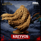 Digital render of the Kreyvos barbarian bust — rear view showcasing the extraordinary detail of the full feathered cloak cascading across the back, with individual feathers and scales rendered in depth, greataxe visible at lower right, and the studded display plinth base