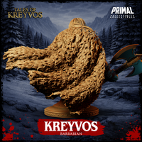 Digital render of the Kreyvos barbarian bust — rear view showcasing the extraordinary detail of the full feathered cloak cascading across the back, with individual feathers and scales rendered in depth, greataxe visible at lower right, and the studded display plinth base