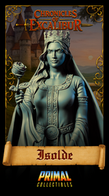 Close-up promotional render of the Isolde bust from Chronicles of Excalibur by Primal Collectibles — detailed view of her face, crown filigree, scroll-worked gown neckline, and rose, framed in a decorative Arthurian card border