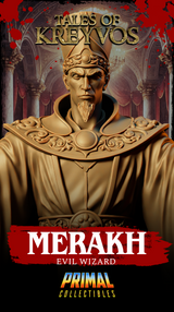 Merakh Evil Wizard by Primal Collectibles — overhead or elevated angle emphasising the cobra hood canopy and the ornate belt clasp at the figure's waist, robes spreading wide at the base around the scattered masonry.