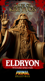 Eldryon Wizard Specter bust by Primal Collectibles — close portrait crop showing furrowed brow, heavy-lidded grim expression, cascading beard, splayed casting hand prominent at left, crystal staff head at upper right.