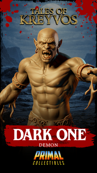 Close profile of the Dark One demon, lean body angled forward in a predatory posture, forearm leather wrappings and splayed clawed hand visible, compacted-earth scenic base beneath. Sculpt by Primal Collectibles.