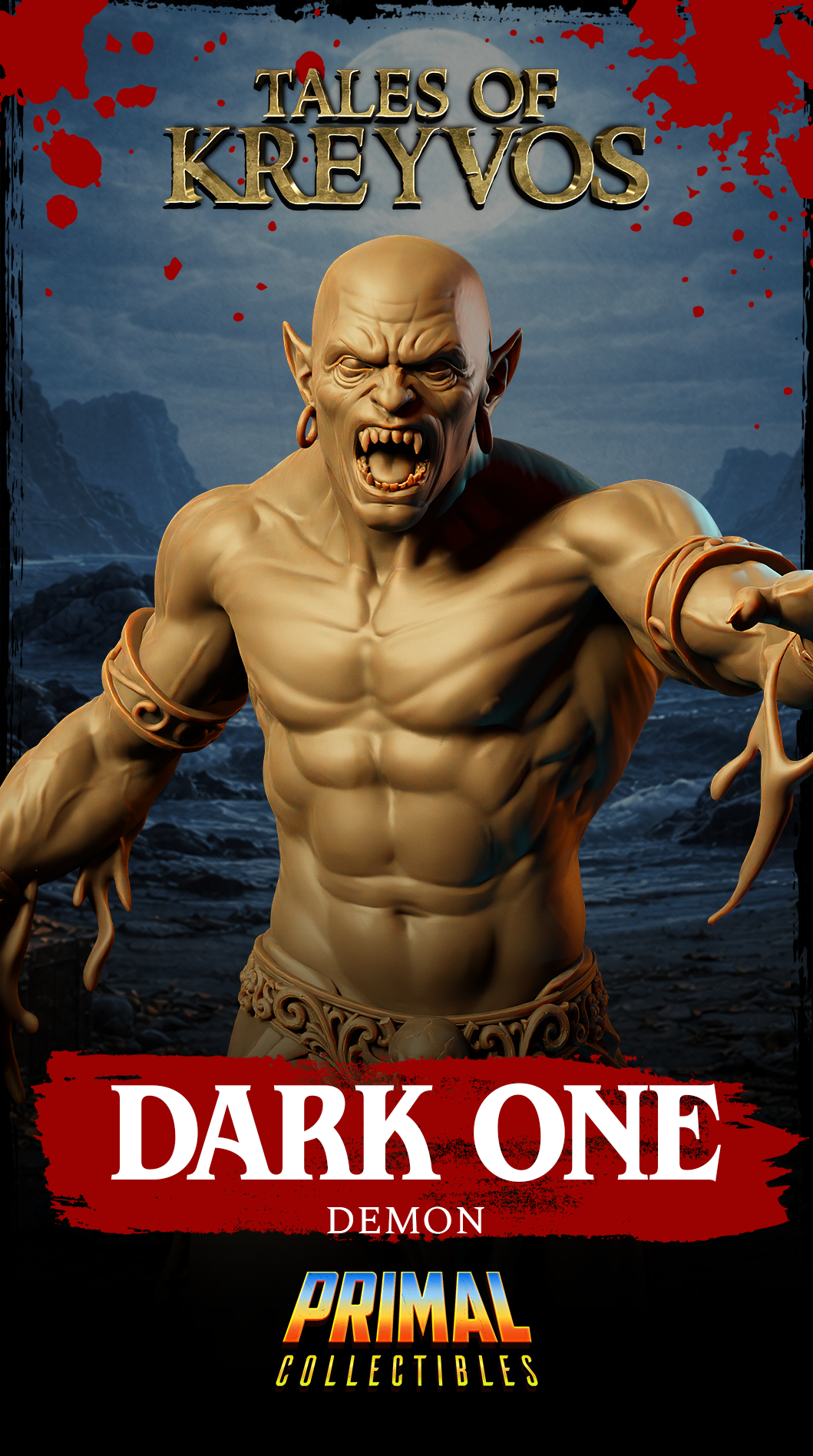 Close profile of the Dark One demon, lean body angled forward in a predatory posture, forearm leather wrappings and splayed clawed hand visible, compacted-earth scenic base beneath. Sculpt by Primal Collectibles.