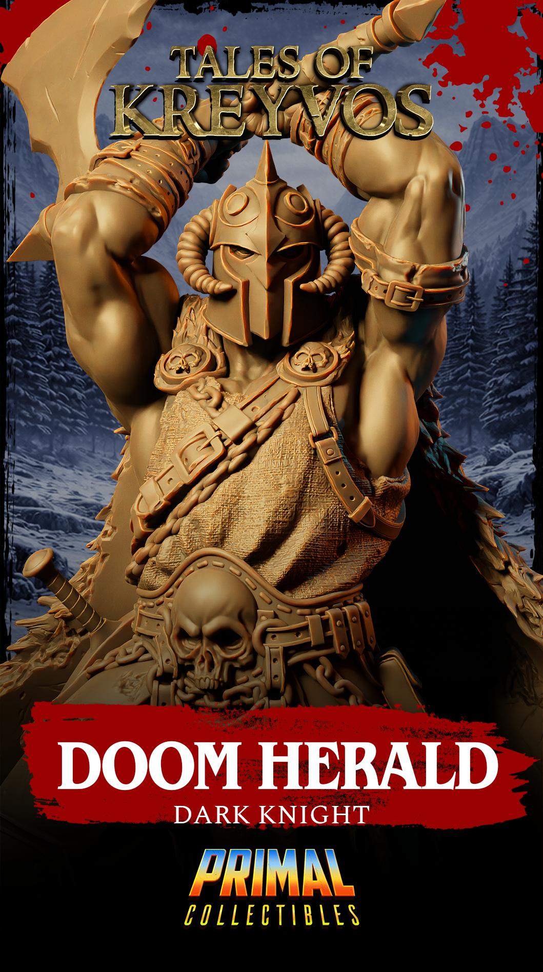 Close-up front-facing render of the Doom Herald Dark Knight bust — detailed view of the pointed visor helmet with coiling ring horns, the muscular bare arms adorned with leather bracers, the patchwork chest strapping with skull belt buckle and medallion pauldrons, and the massive crescent-bladed greataxe raised in both hands. Dramatic snowy mountain backdrop. From Tales of Kreyvos by Primal Collectibles.