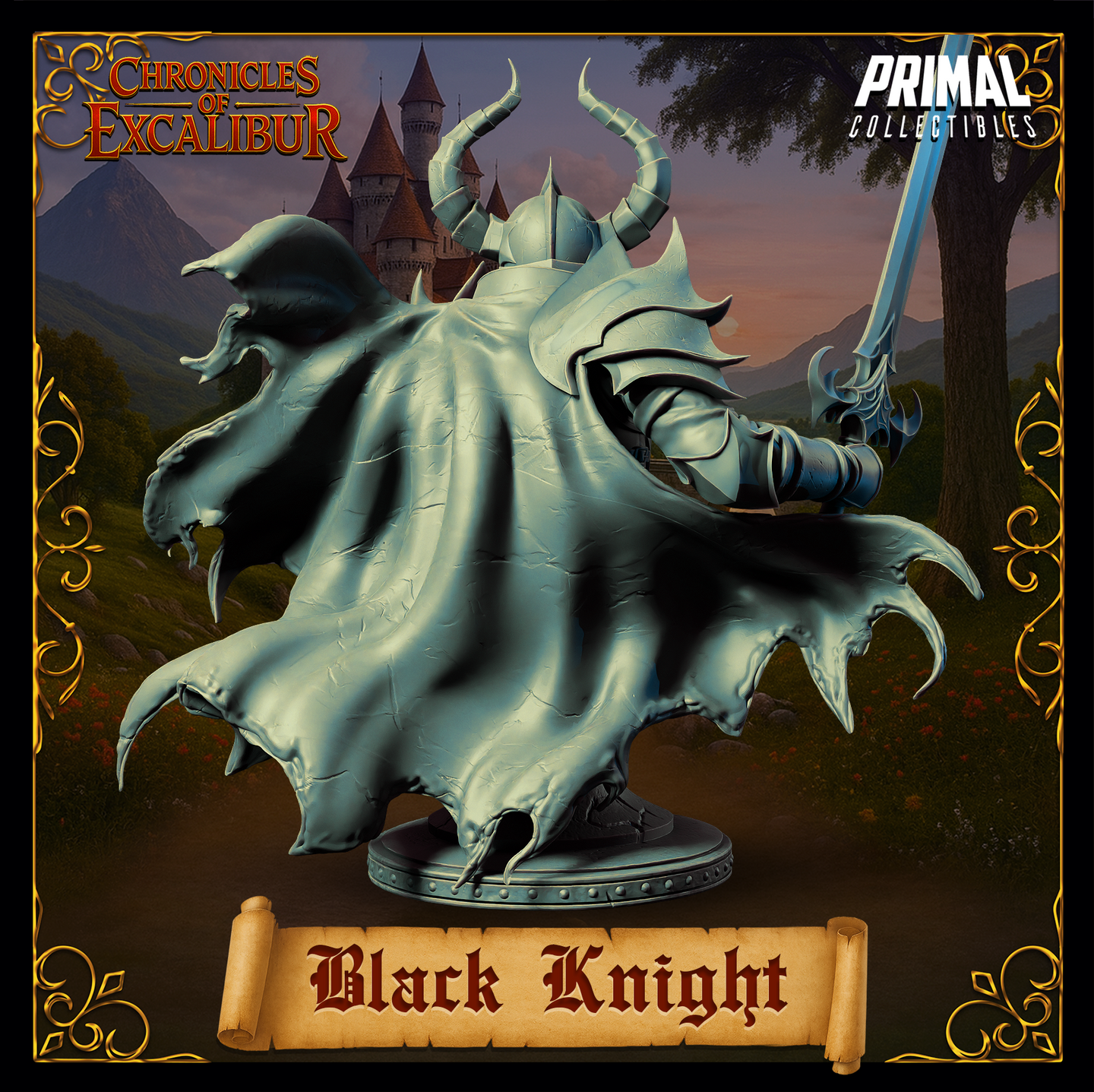 Rear three-quarter digital render of the Black Knight Bust showing the full sweep of the spectral cloak — torn, claw-edged fabric spreading dramatically outward from the armoured torso, with the cursed sword raised high behind the horned helm. Unpainted grey resin render on a round bevelled base.