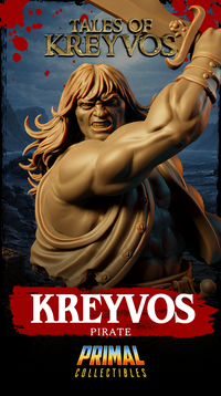 Full sculpt of Kreyvos the pirate warrior in dynamic dual-wield stance, long broad sword overhead and short blade low, atop a detailed ship-deck base with bones, rope and barrel. Primal Collectibles.