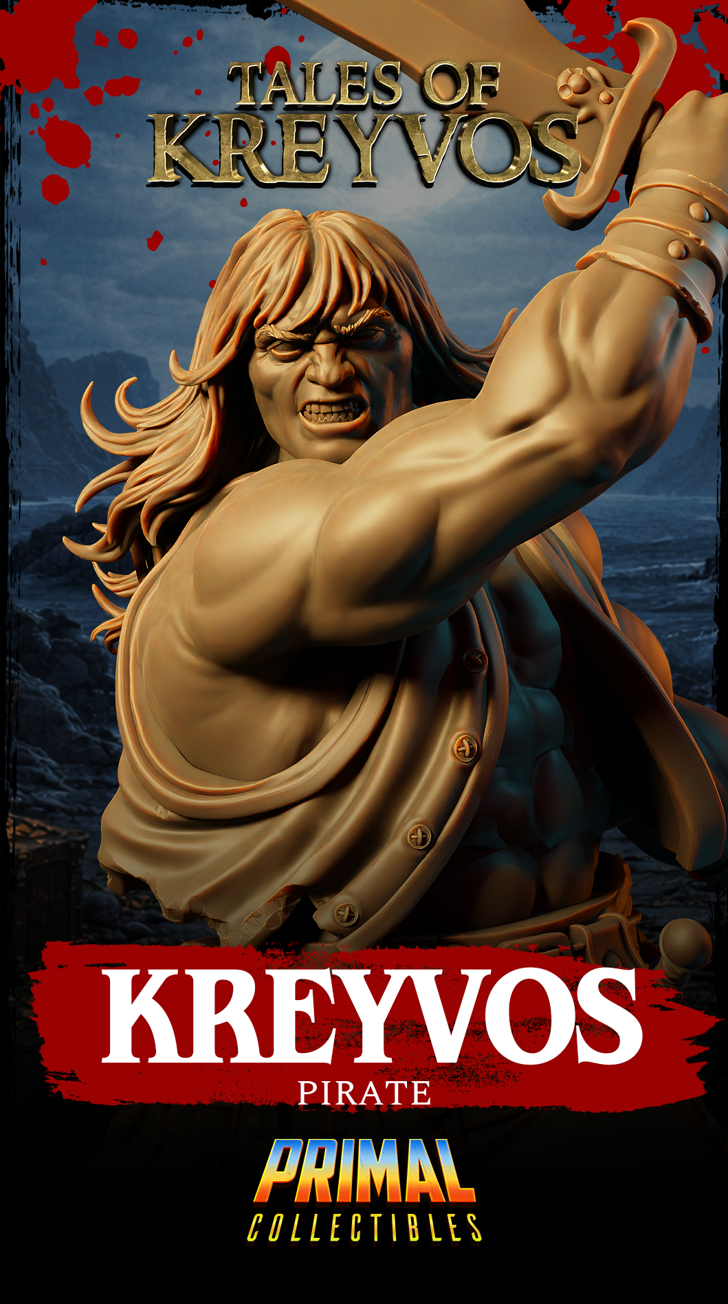 Full sculpt of Kreyvos the pirate warrior in dynamic dual-wield stance, long broad sword overhead and short blade low, atop a detailed ship-deck base with bones, rope and barrel. Primal Collectibles.