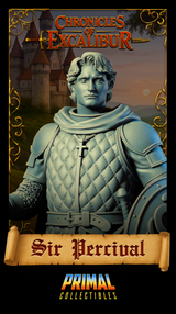 Close-up digital render portrait of Sir Percival bust miniature, unpainted grey resin, showing detailed face with composed expression, quilted armour, cross pendant necklace, pauldrons, and partial view of ornate round shield — Chronicles of Excalibur by Primal Collectibles
