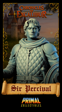 Close-up digital render portrait of Sir Percival bust miniature, unpainted grey resin, showing detailed face with composed expression, quilted armour, cross pendant necklace, pauldrons, and partial view of ornate round shield — Chronicles of Excalibur by Primal Collectibles