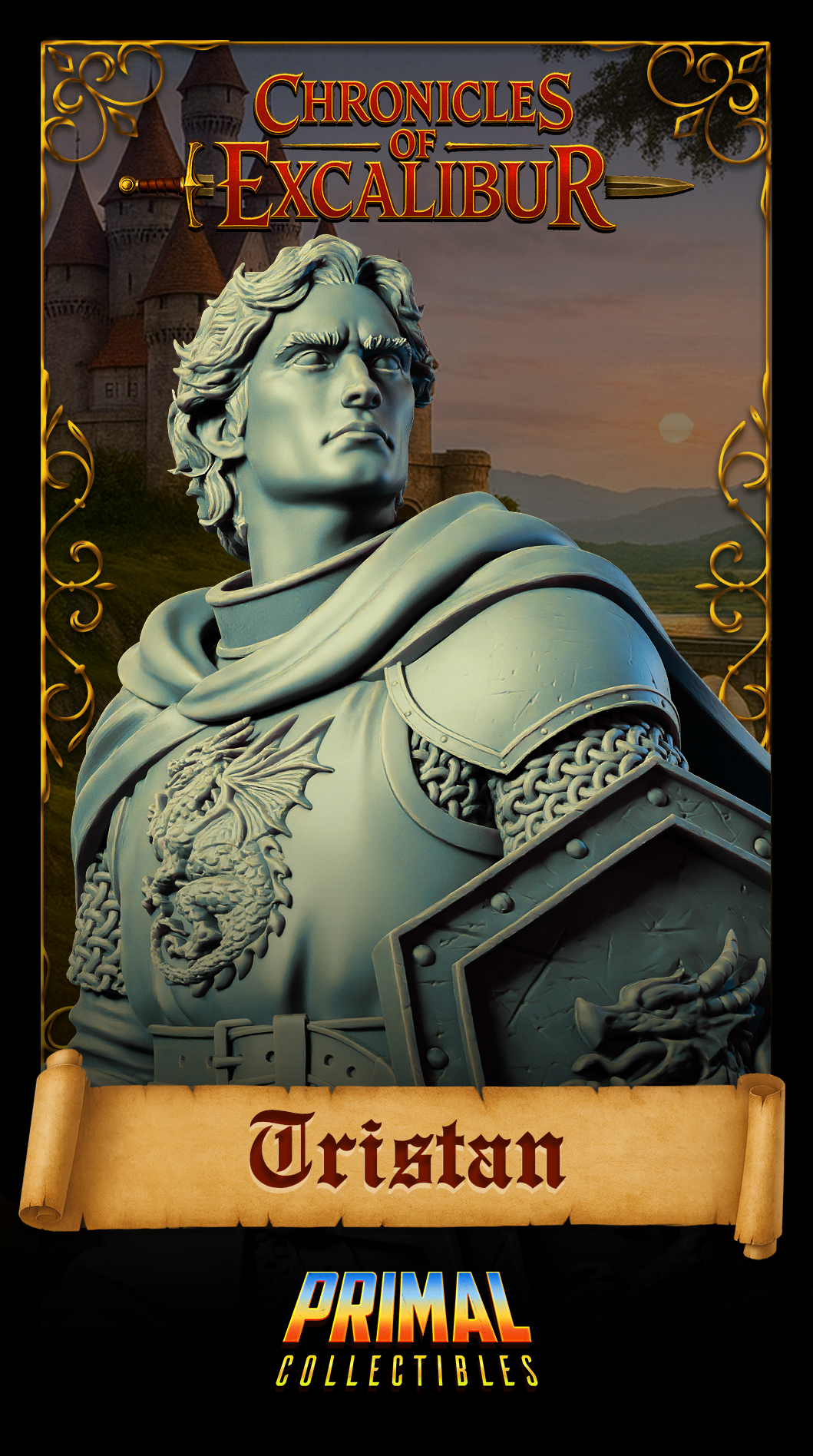 Close-up front render of Tristan knight bust — unpainted grey resin, detailed dragon relief on chest armour and shield, chainmail texture, determined upward gaze, castle at dusk in background