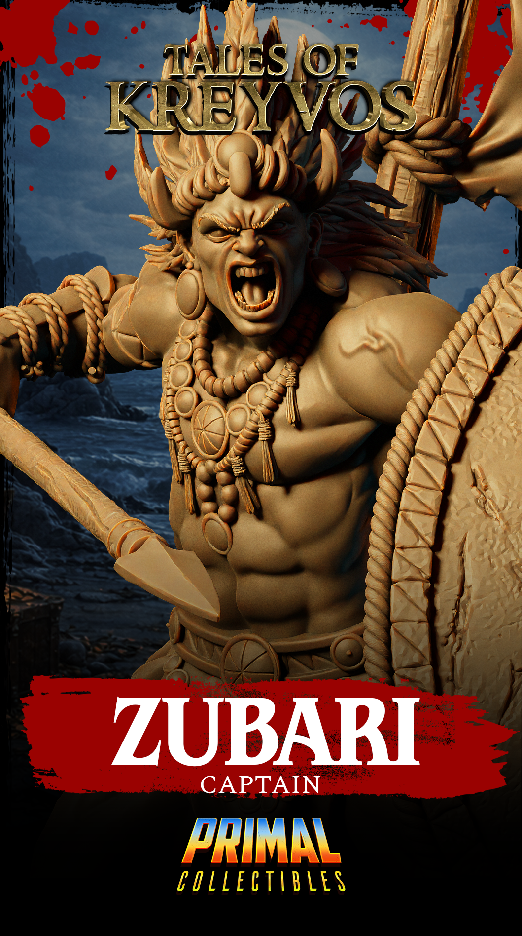 Overhead angled view showing the full silhouette of the warrior, oval shield and spear forming a wide diagonal line, jolly roger banner at full height, bare feet on a riveted planked circular base, muscular torso and bead necklace clearly defined. Sculpt by Primal Collectibles.