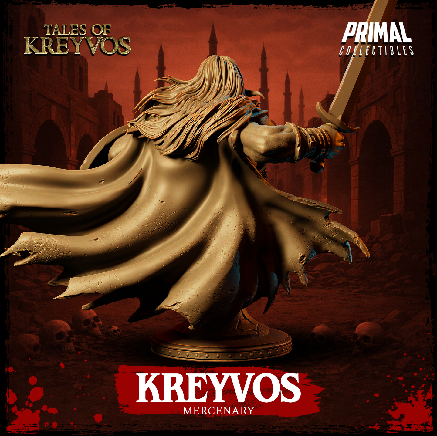 Rear view of the Kreyvos mercenary bust by Primal Collectibles — long flowing hair and a heavily textured torn cloak dominate the composition, with the sword arm extended out to one side and detailed leather wrapping visible on the wrist.