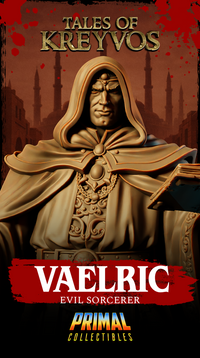 Vaelric Evil Sorcerer miniature render showing the full sculpt with ornate vestments, embossed chest panel, skull buckle, open tome and tall staff, standing on a detailed rubble base. Sculpt by Primal Collectibles.
