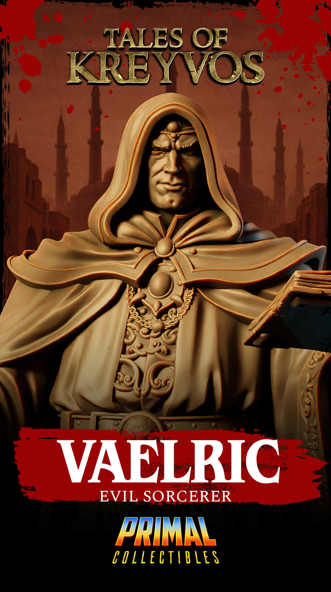 Vaelric Evil Sorcerer miniature render showing the full sculpt with ornate vestments, embossed chest panel, skull buckle, open tome and tall staff, standing on a detailed rubble base. Sculpt by Primal Collectibles.