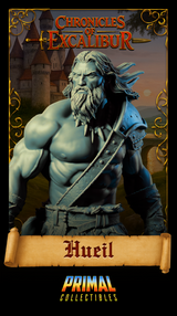 Close-up front portrait render of Hueil from the Chronicles of Excalibur range by Primal Collectibles — unpainted grey resin showing detailed facial features including a full beard, intense expression, bone tooth necklace, and crossed leather straps across a muscular bare chest
